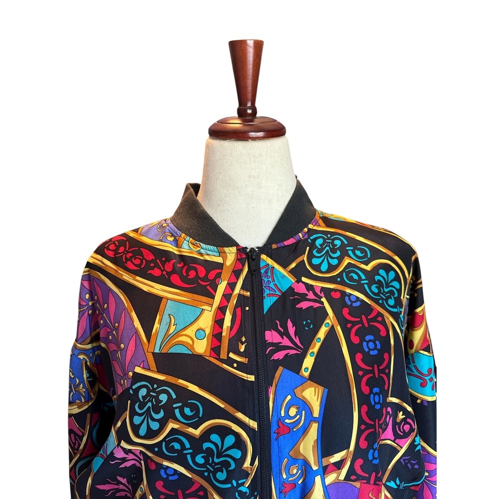 Vintage 80s Silk Satin Bomber Jacket | Abstract Baroque Print | OSFM - Picture 9 of 12